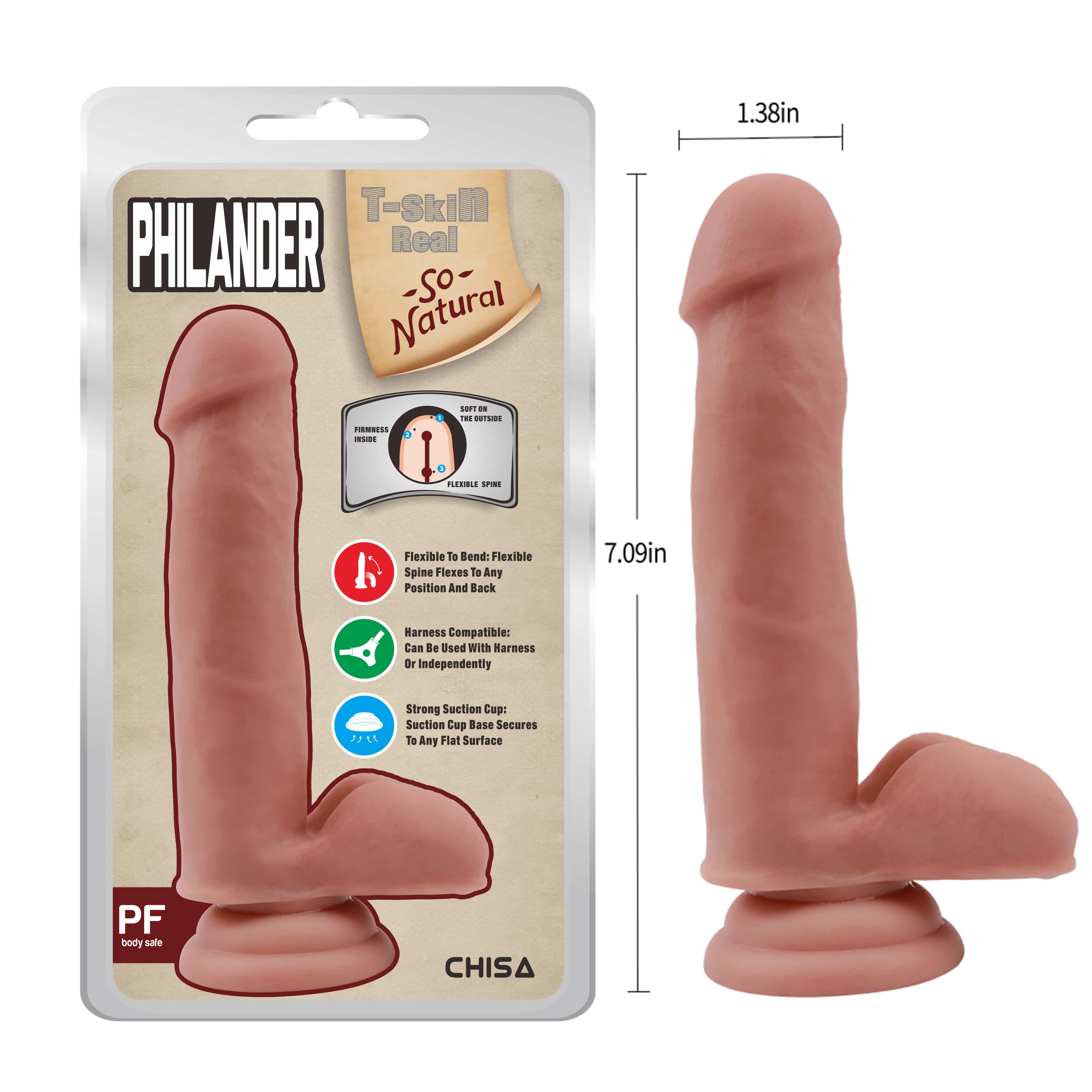 Vista en primer plano del Dildo Philander Flesh con base de succión para uso versátil