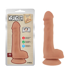 Domina latina muestra el consolador Wrangler en una mano 