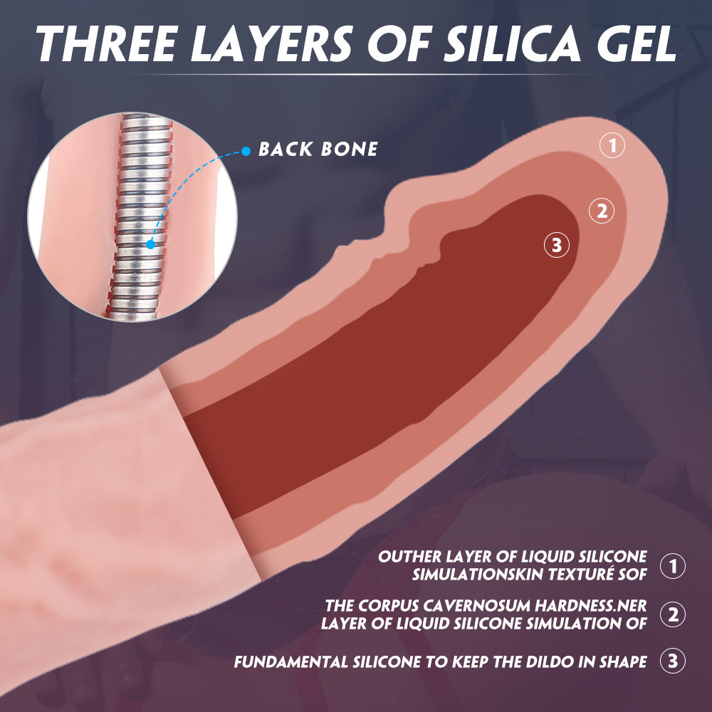 Picture of the Dildo Baron 3 next to its discreet storage bag