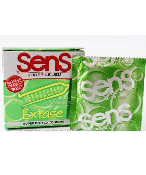  Close-up of Sens Extase condom with textured surface for extra sensation and pleasure, 3 condoms in a pack