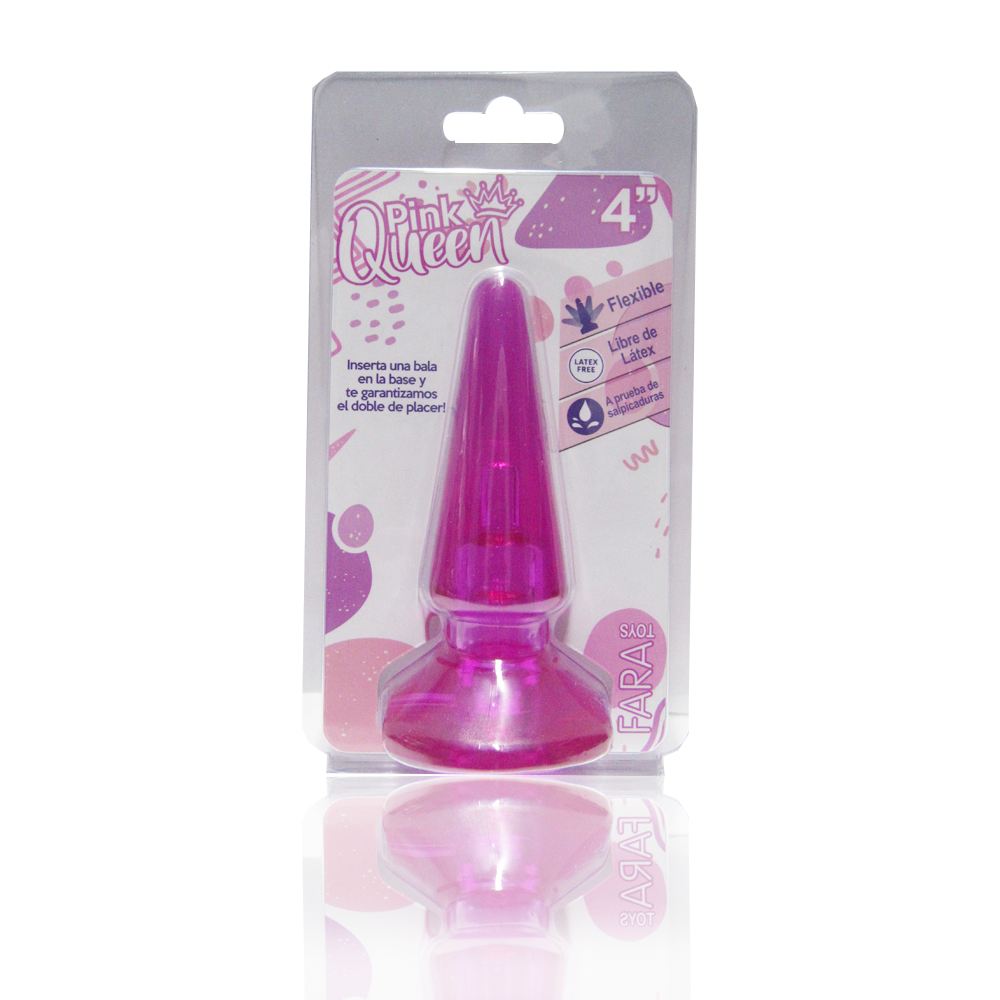 Hand holding pink queen plug anal sex toy with tapered tip and smooth surface, perfect for beginners