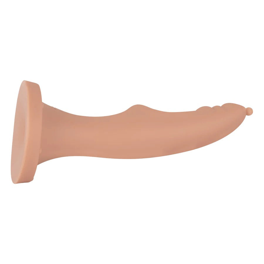 A realistic silicone dildo in Latin skin tone, textured for added pleasure