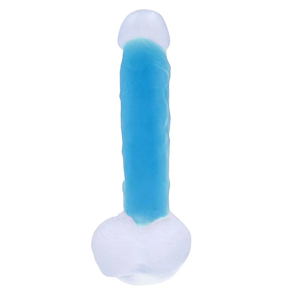 Large glowing green dildo with lifelike texture and curved tip