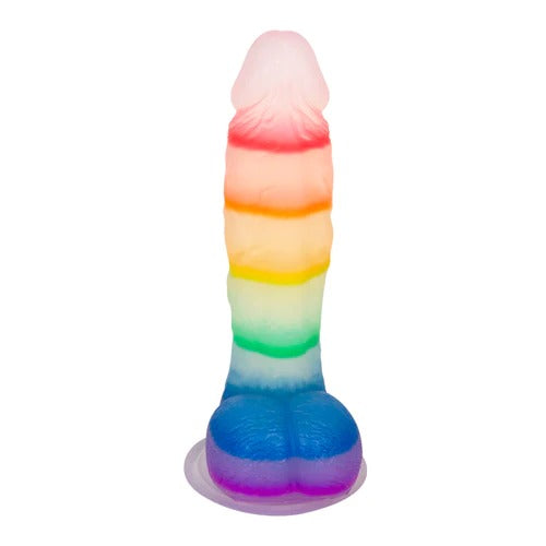 Colorful dildo made of body-safe jelly material with pride flag colors