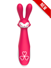  Woman's hand holding the FIREFOX VIBRADOR with soft silicone material and waterproof construction for versatility in the bedroom