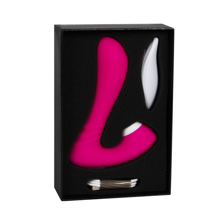 Grey remote control with pink buttons and sleek, modern design for easy use