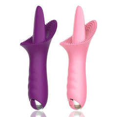 Woman holding tongue-shaped vibrator with ergonomic design and discreet packaging