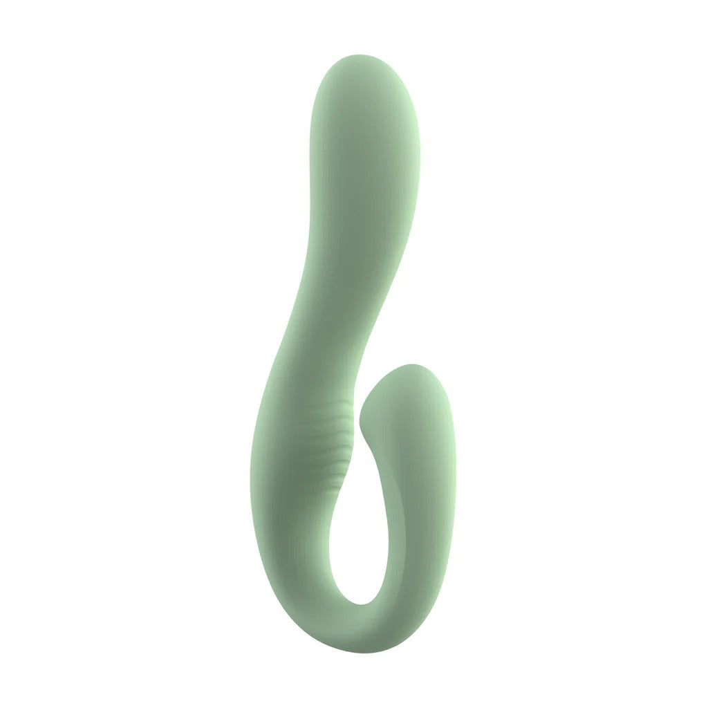 Double stimulation vibrator with ribbed texture and 10 vibration modes