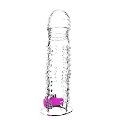 Black silicone vibrating penis sleeve with textured surface for extra stimulation