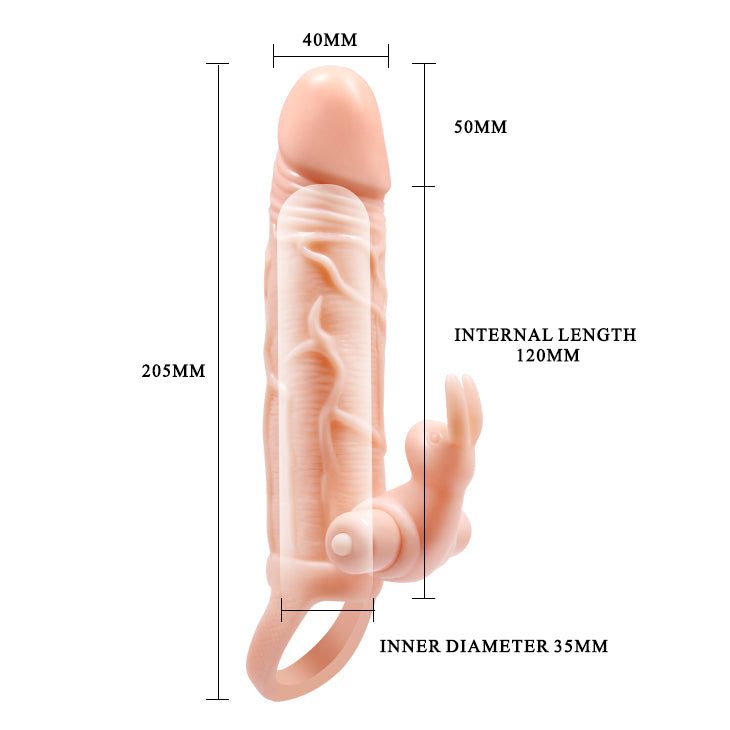 Male hand placing Funda Brave Man 10 Funciones Pretty Love sleeve on a realistic dildo for demonstration and sizing perspective