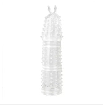 Latex penis sleeve in soft beige, with ribbed texture for heightened pleasure