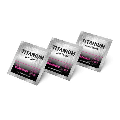 Three pack of Titanium Multiorgasmos condoms, designed for heightened pleasure and maximum sensitivity