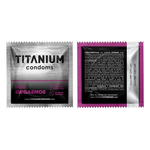 Couple embracing with Condones Titanium Multiorgasmos x 3 in the background, promoting intimacy