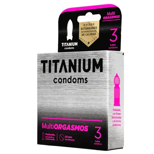 Three-pack of Titanium Multiorgasmos condoms, designed for maximum pleasure and durability