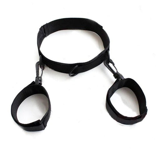  Woman wearing the collar with attached handcuffs, exuding confidence and empowerment