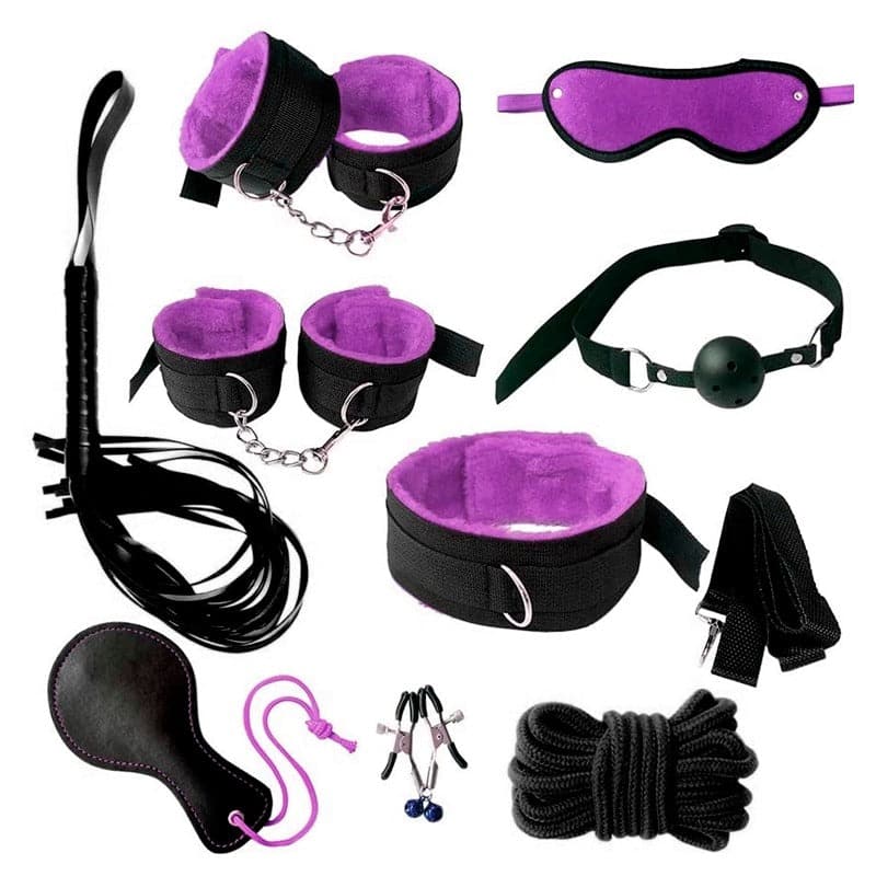Black leather bondage kit with silk restraints and sensory accessories