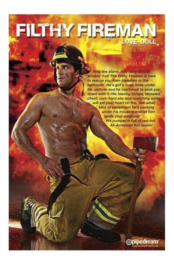 Inflatable filthy fireman doll with realistic details and lifelike size